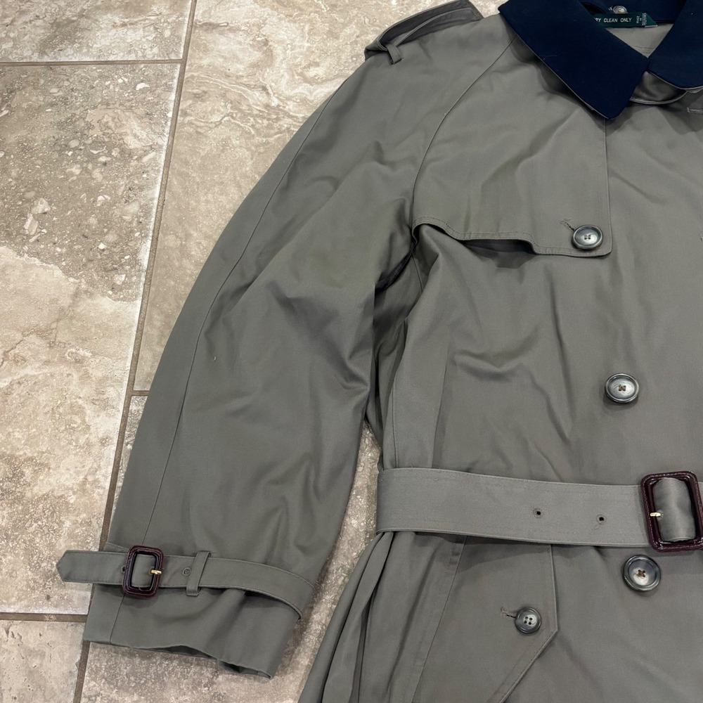 Lauren Ralph Lauren Olive Green Trench Coat with Navy Collar - Picture 3 of 16